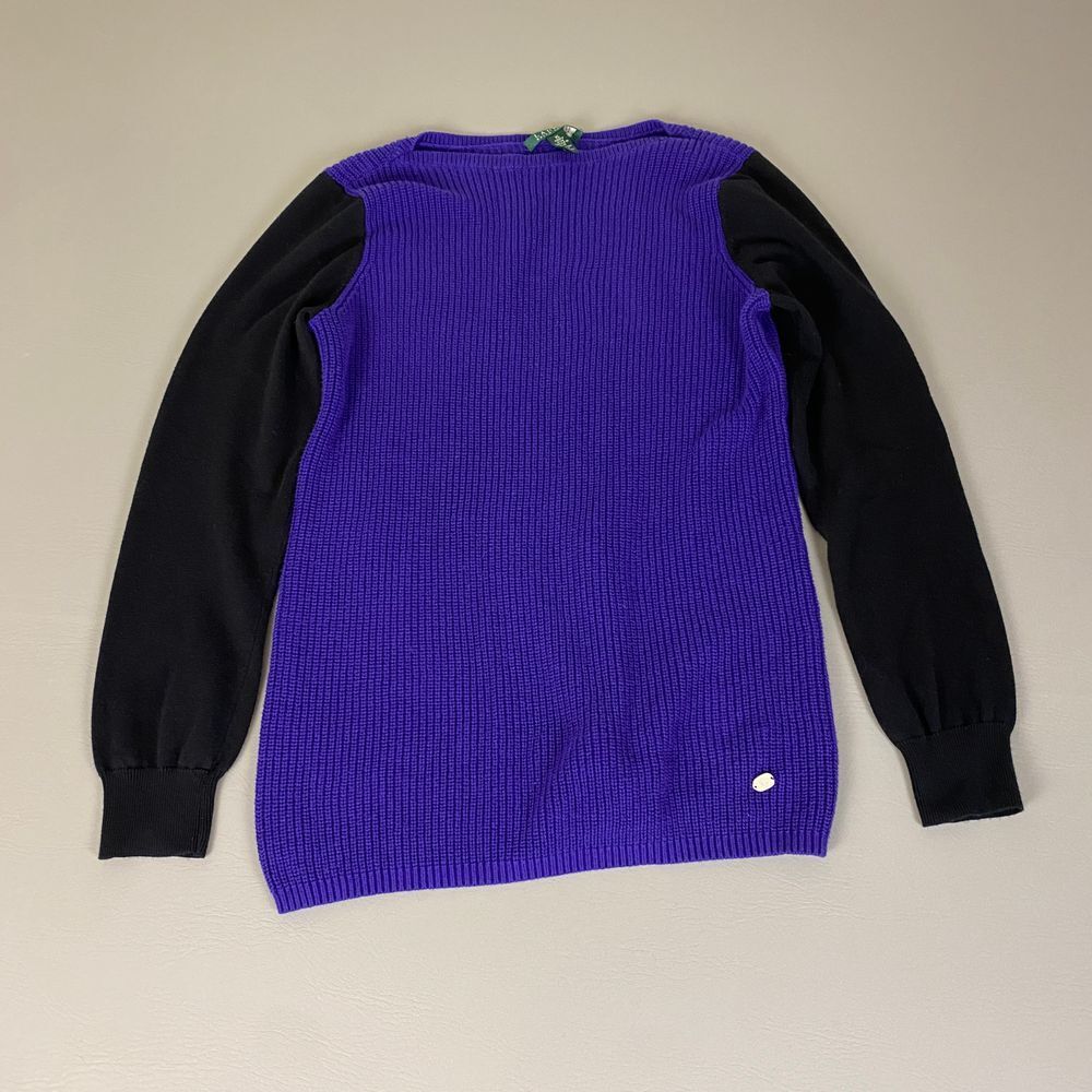 Lauren Ralph Lauren Sweater XL Purple Black Cotton Modal Ribbed Colorblock